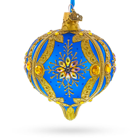 Blue and Gold Jeweled Floral Burst Onion-Shape Finial Glass Christmas Ornament in Blue color Finial