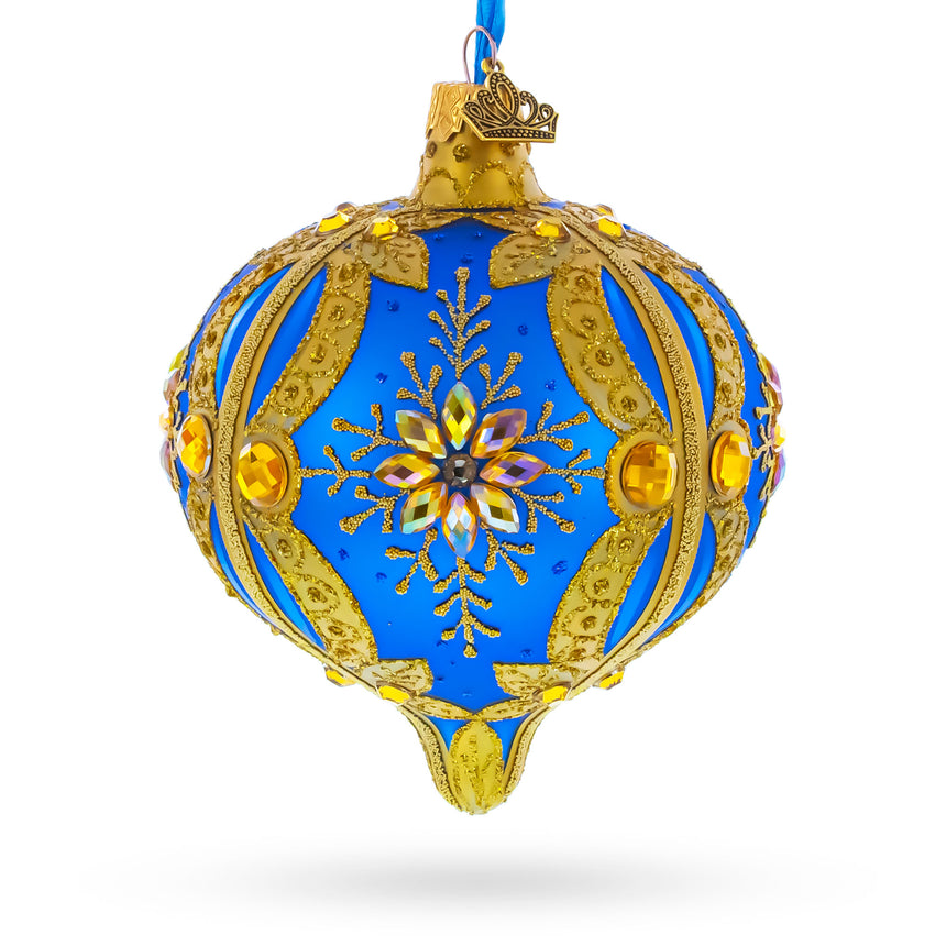 Blue and Gold Jeweled Floral Burst Onion-Shape Finial Glass Christmas Ornament in Blue color Finial