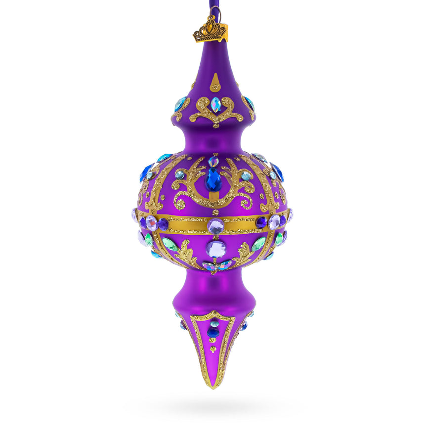Royal Jewel Embellishments Gold Filigree Double-Ended Finial Drop Glass Christmas Ornament in Purple color Finial