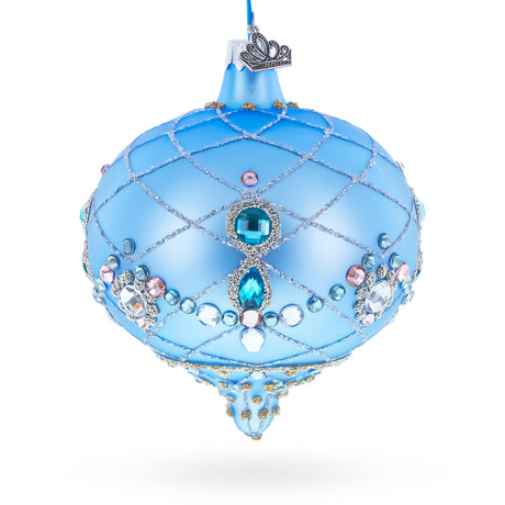 Blue Jeweled Lattice Diamond Onion-Shape Finial Glass Christmas Ornament in Blue color Finial