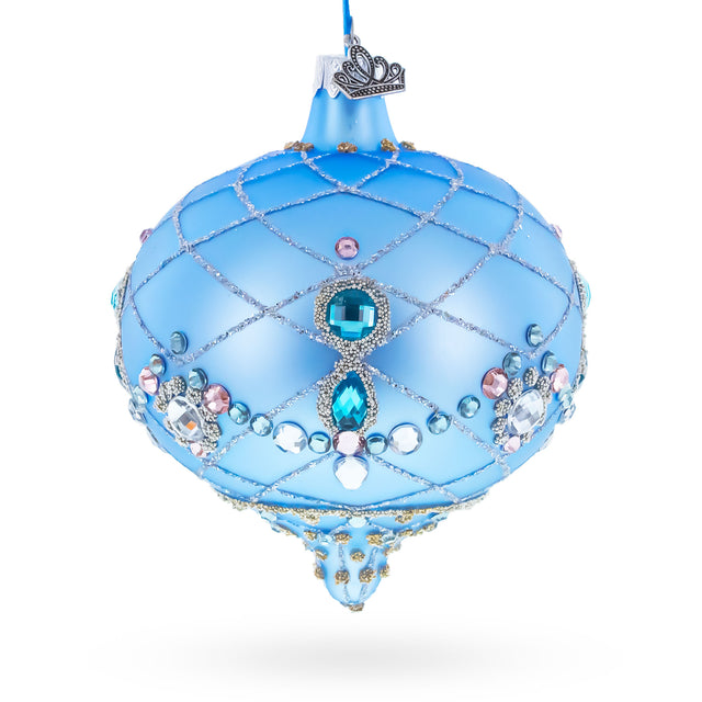 Blue Jeweled Lattice Diamond Onion-Shape Finial Glass Christmas Ornament in Blue color Finial