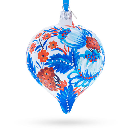 White and Blue Floral Blossom Onion-Shape Finial Glass Christmas Ornament in White color Finial