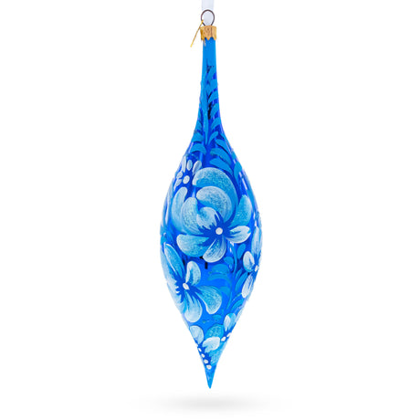 White Petal Blossoms Metallic Blue Elongated Pointed Teardrop Finial Glass Christmas Ornament in Blue color Finial