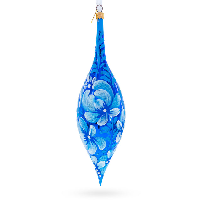 White Petal Blossoms Metallic Blue Elongated Pointed Teardrop Finial Glass Christmas Ornament in Blue color Finial