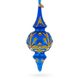 Jeweled Gold Scrollworks on Blue Double-Ended Finial Drop Glass Christmas Ornament in Blue color Finial