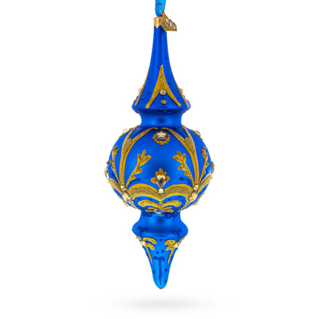 Jeweled Gold Scrollworks on Blue Double-Ended Finial Drop Glass Christmas Ornament in Blue color Finial