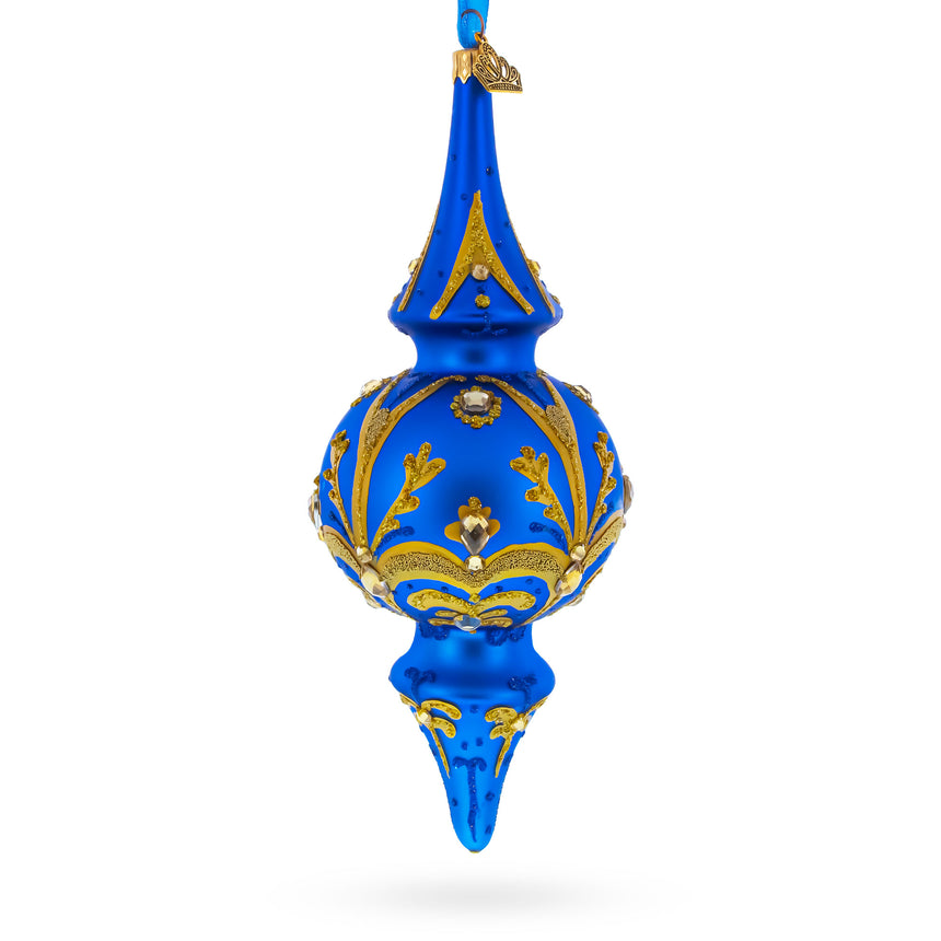 Jeweled Gold Scrollworks on Blue Double-Ended Finial Drop Glass Christmas Ornament in Blue color Finial