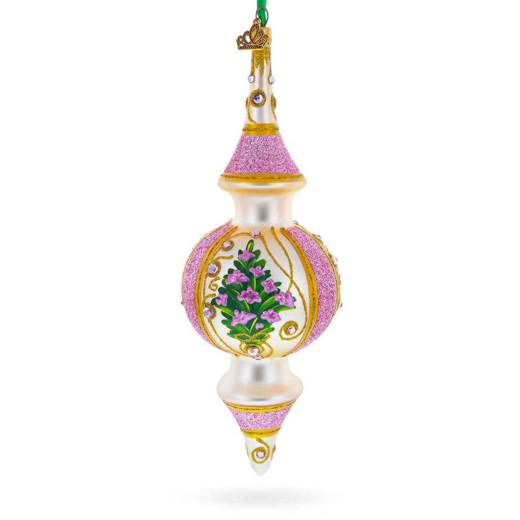 Pink Embossed  Blossom Double-Ended Finial Drop Glass Christmas Ornament in Ivory color Finial