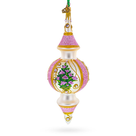 Pink Embossed  Blossom Double-Ended Finial Drop Glass Christmas Ornament in Ivory color Finial