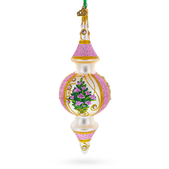 Pink Embossed  Blossom Double-Ended Finial Drop Glass Christmas Ornament in Ivory color Finial