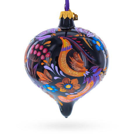Whimsical Floral and Bird Black Onion-Shape Finial Glass Christmas Ornament in Black color Finial