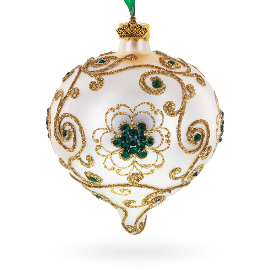 Gold Jeweled Swirl Onion-Shape Finial Glass Christmas Ornament in Ivory color Finial