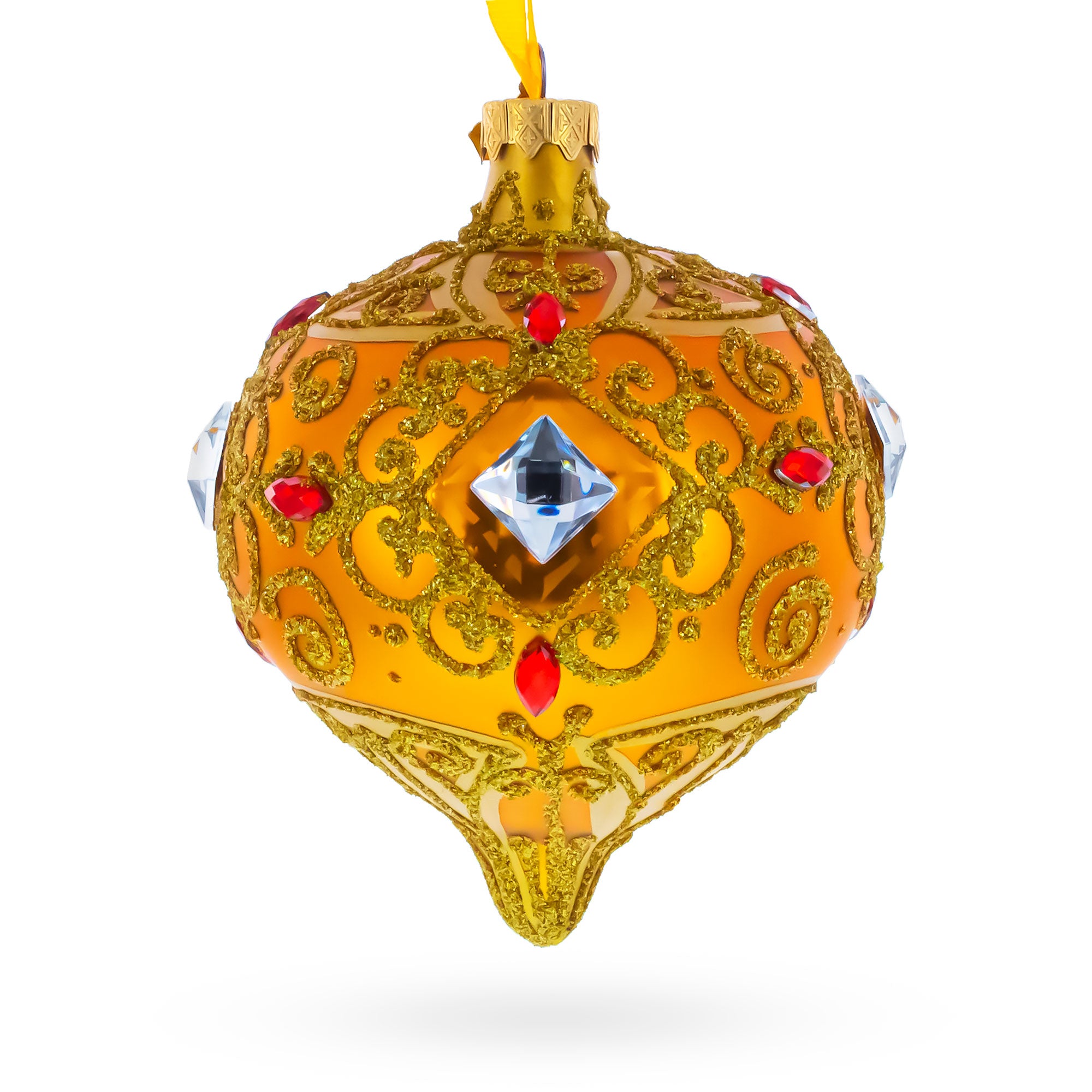 Amber Gold Jeweled Scroll Onion-Shape Finial Glass Christmas Ornament in Gold color Finial