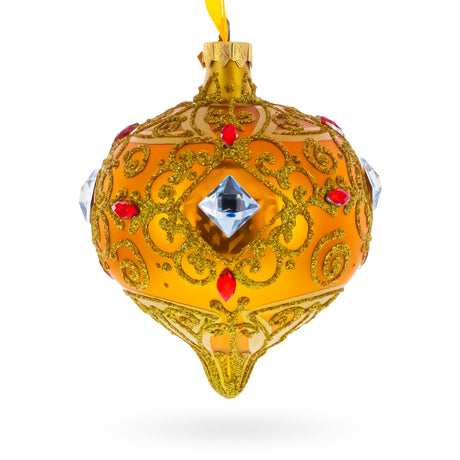 Amber Gold Jeweled Scroll Onion-Shape Finial Glass Christmas Ornament in Gold color Finial