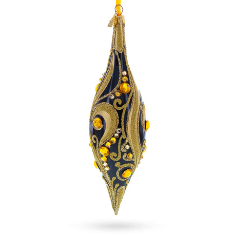 Black & Gold Jeweled Swirl Elongated Pointed Teardrop Finial Glass Christmas Ornament in Black color Finial