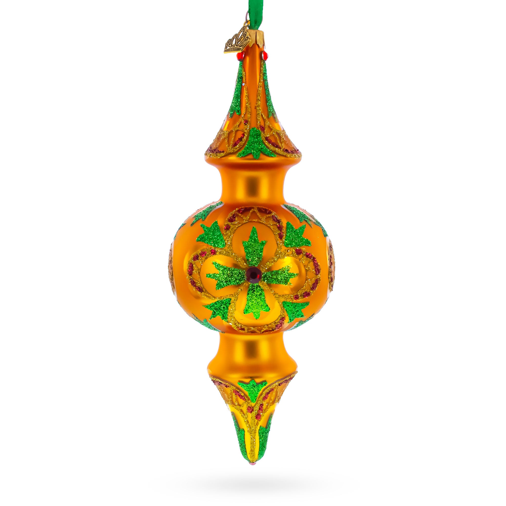 Golden Holly & Ivy Glitter Double-Ended Finial Drop Glass Christmas Ornament in Gold color Finial