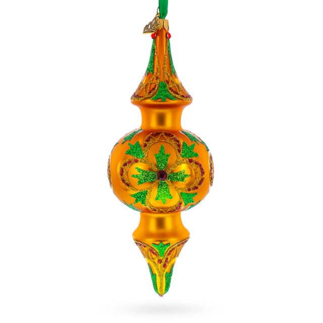 Golden Holly & Ivy Glitter Double-Ended Finial Drop Glass Christmas Ornament in Gold color Finial