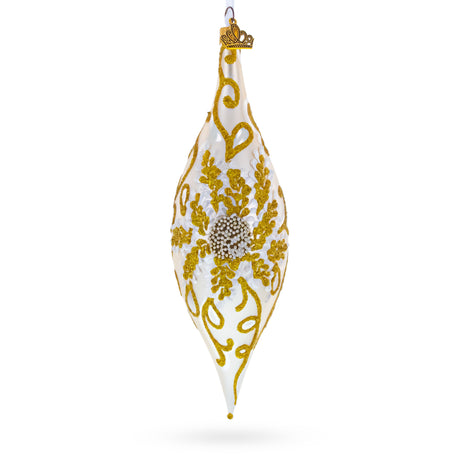 Ivory & Gold Pearl Embossed Elongated Pointed Teardrop Finial Glass Christmas Ornament in White color Finial