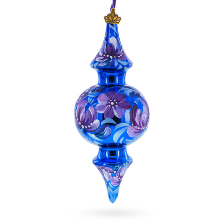 Cobalt Blue Floral Double-Ended Finial Drop Glass Christmas Ornament in Blue color Finial
