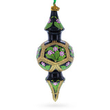 Black & Gold Floral Medallion Double-Ended Finial Drop Glass Christmas Ornament in Black color Finial