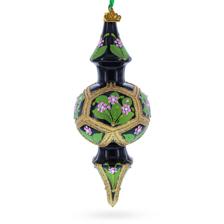 Black & Gold Floral Medallion Double-Ended Finial Drop Glass Christmas Ornament in Black color Finial