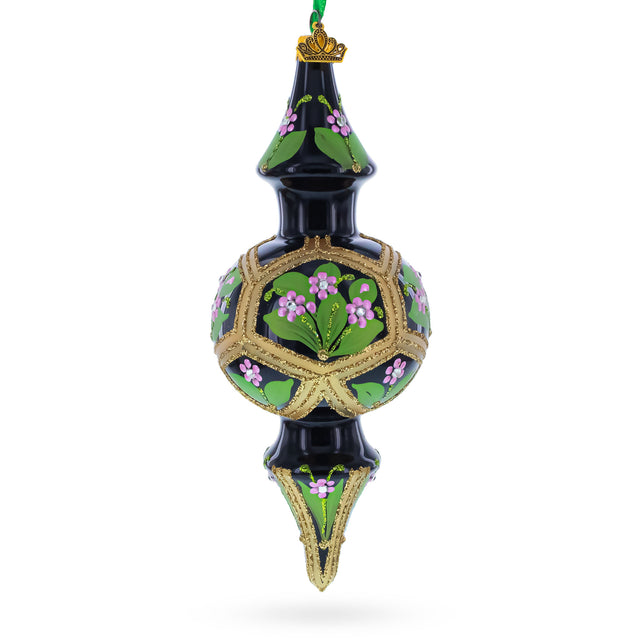 Black & Gold Floral Medallion Double-Ended Finial Drop Glass Christmas Ornament in Black color Finial