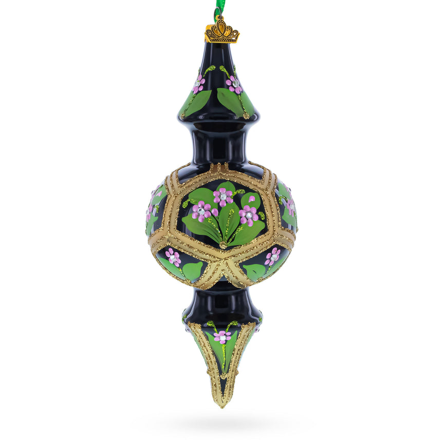 Black & Gold Floral Medallion Double-Ended Finial Drop Glass Christmas Ornament in Black color Finial