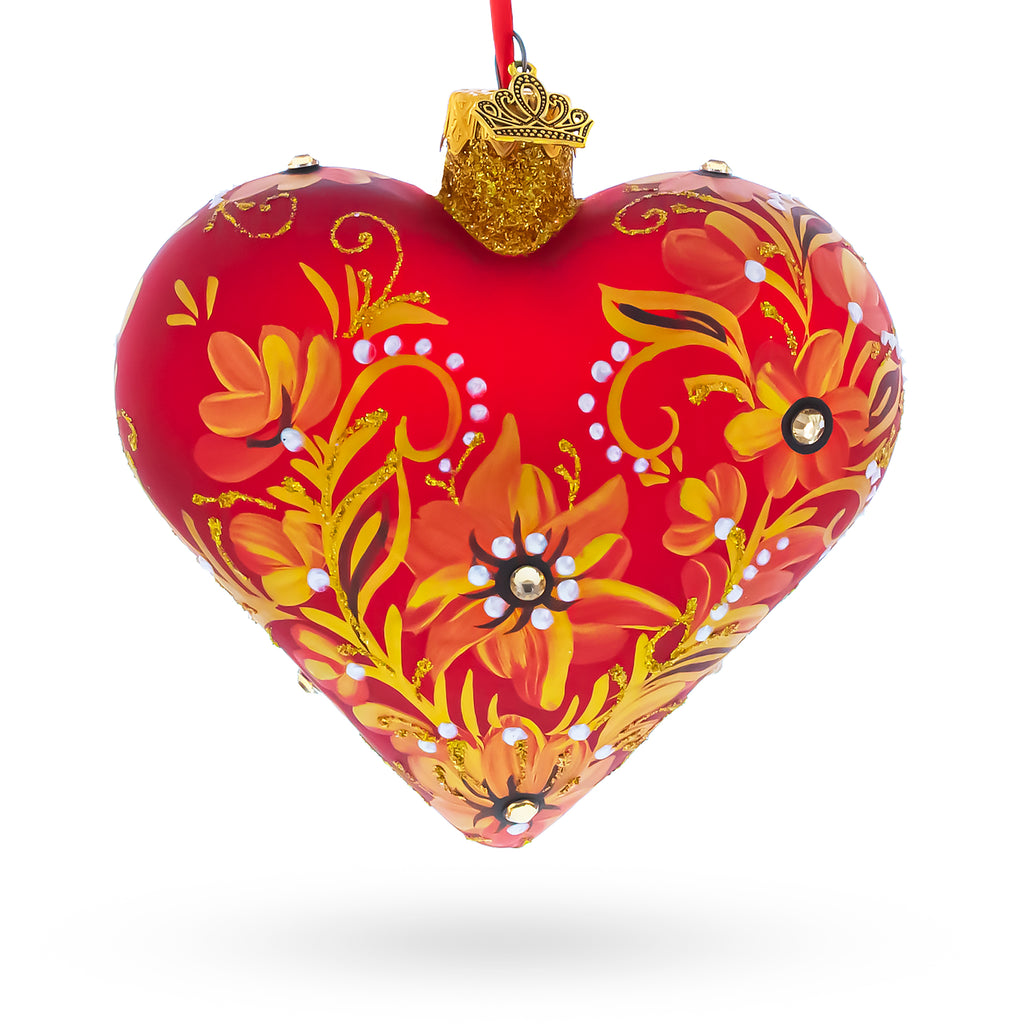 Red Floral Baroque Jeweled Glass Heart Ornament in Red color Heart