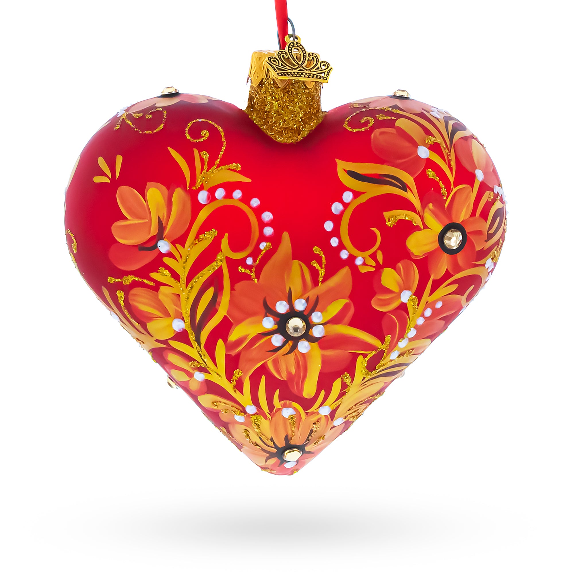 Red Floral Baroque Jeweled Glass Heart Ornament in Red color Heart