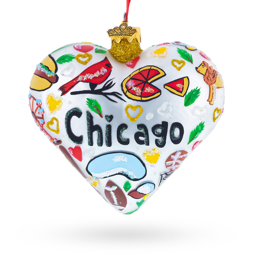Chicago Landmarks & Symbols Glass Heart Christmas Ornament in Multi color Heart