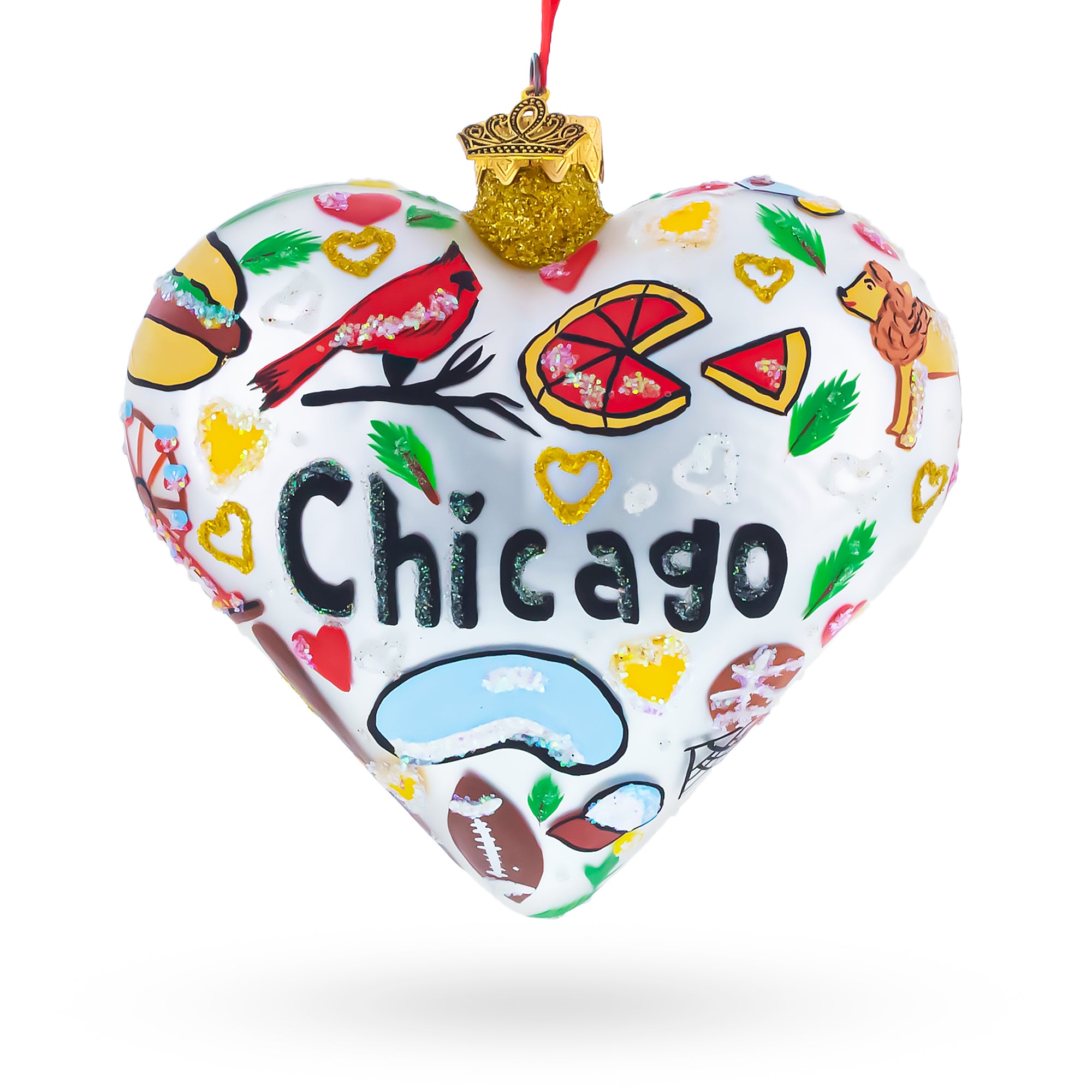 Chicago Landmarks & Symbols Glass Heart Christmas Ornament in Multi color Heart