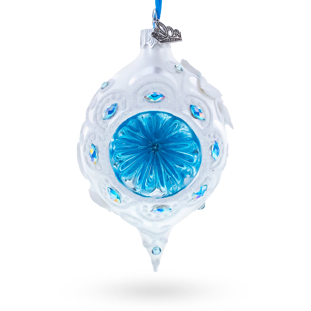 Vintage Style White and Blue Reflector Pointed Teardrop Finial Glass Christmas Ornament in White color Concave Reflector
