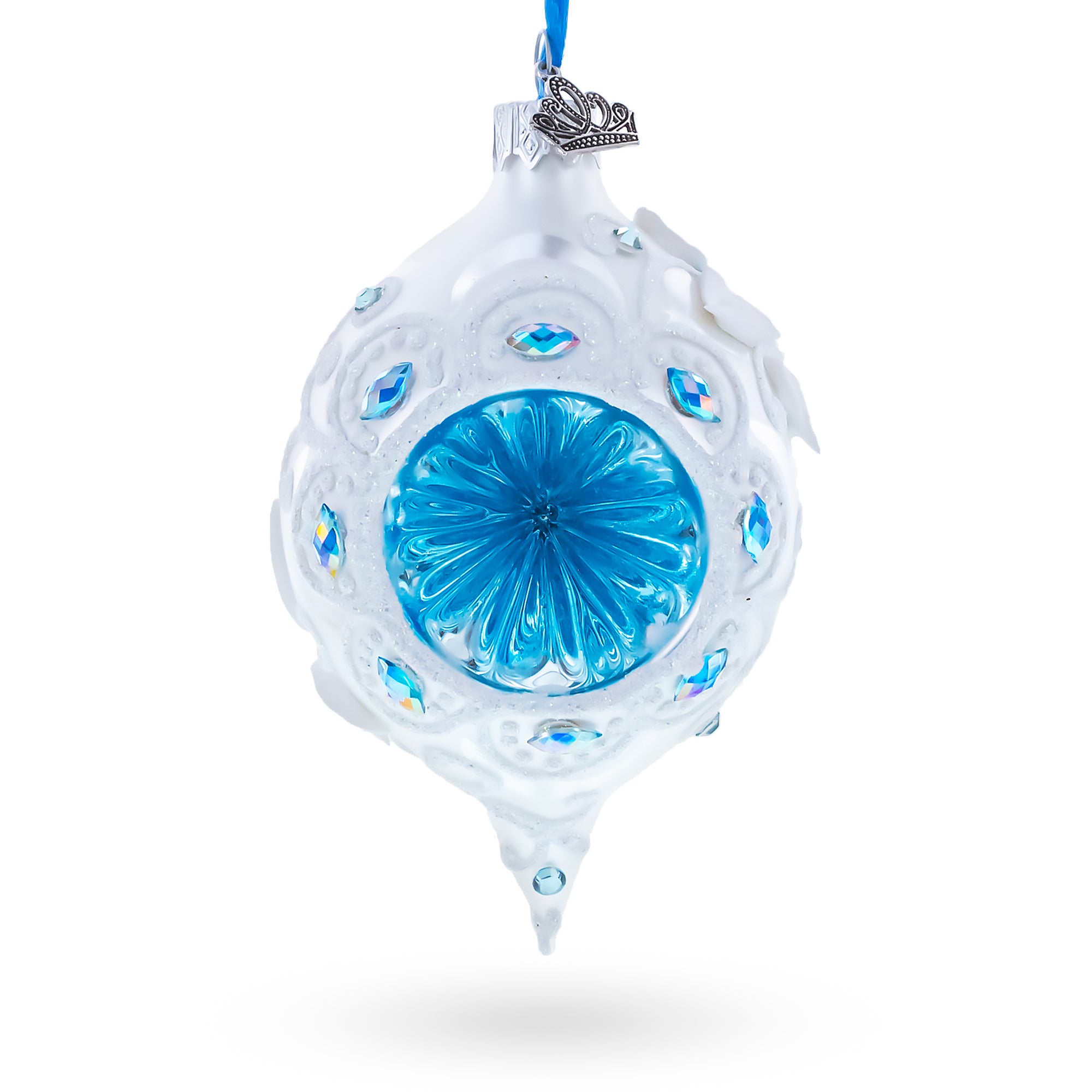 Vintage Style White and Blue Reflector Pointed Teardrop Finial Glass Christmas Ornament in White color Concave Reflector