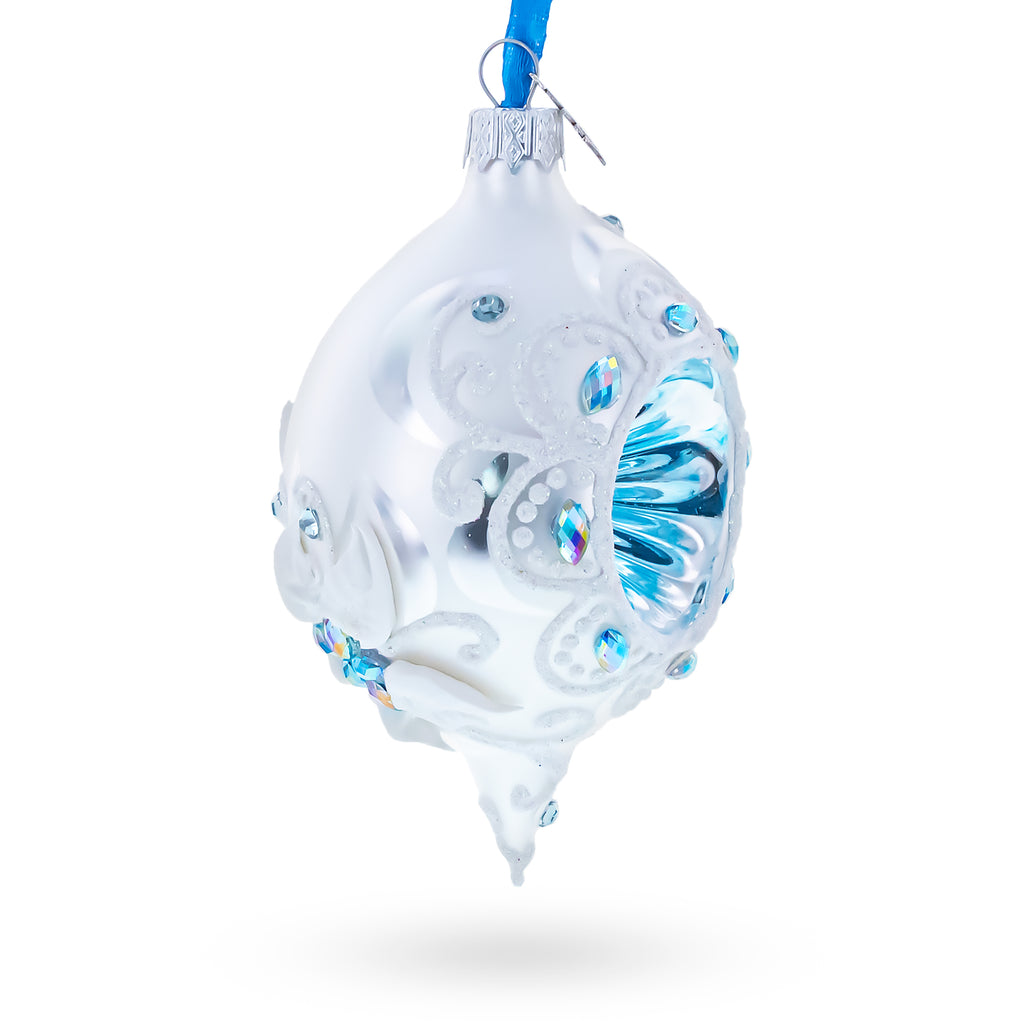 Vintage Style White and Blue Reflector Pointed Teardrop Finial Glass Christmas OrnamentUkraine , dimensions in inches: 5 x 3 x 2.5