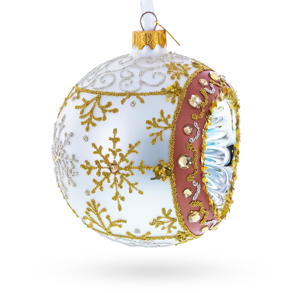 Vintage-Style Reflector on White Ball Christmas OrnamentUkraine , dimensions in inches: 4.6 x 4 x 3.5