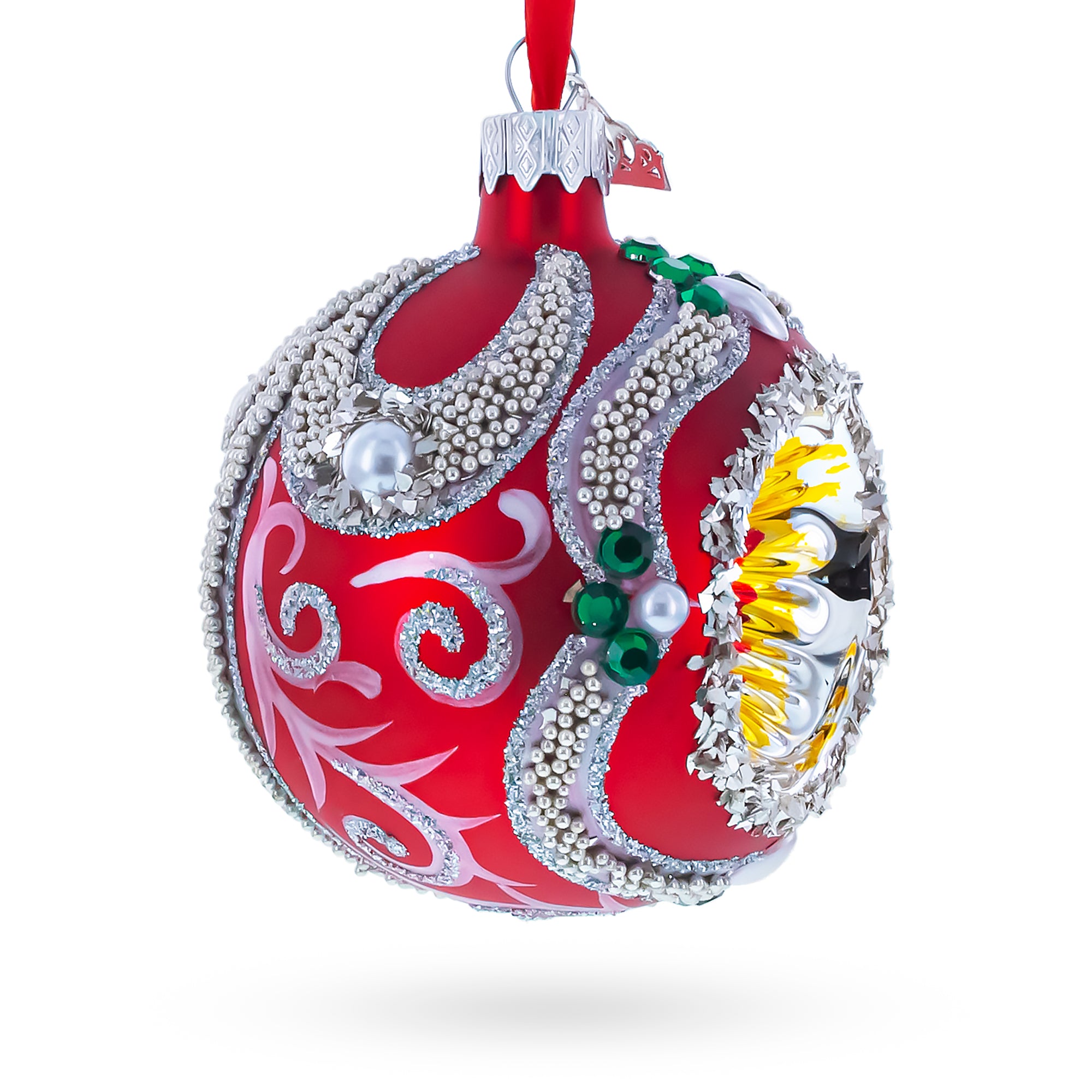 Retro Style Red and Gold Reflector with Glitter, Gems & Indent Center Glass Christmas OrnamentUkraine , dimensions in inches: 4 x 3.2 x 2.9