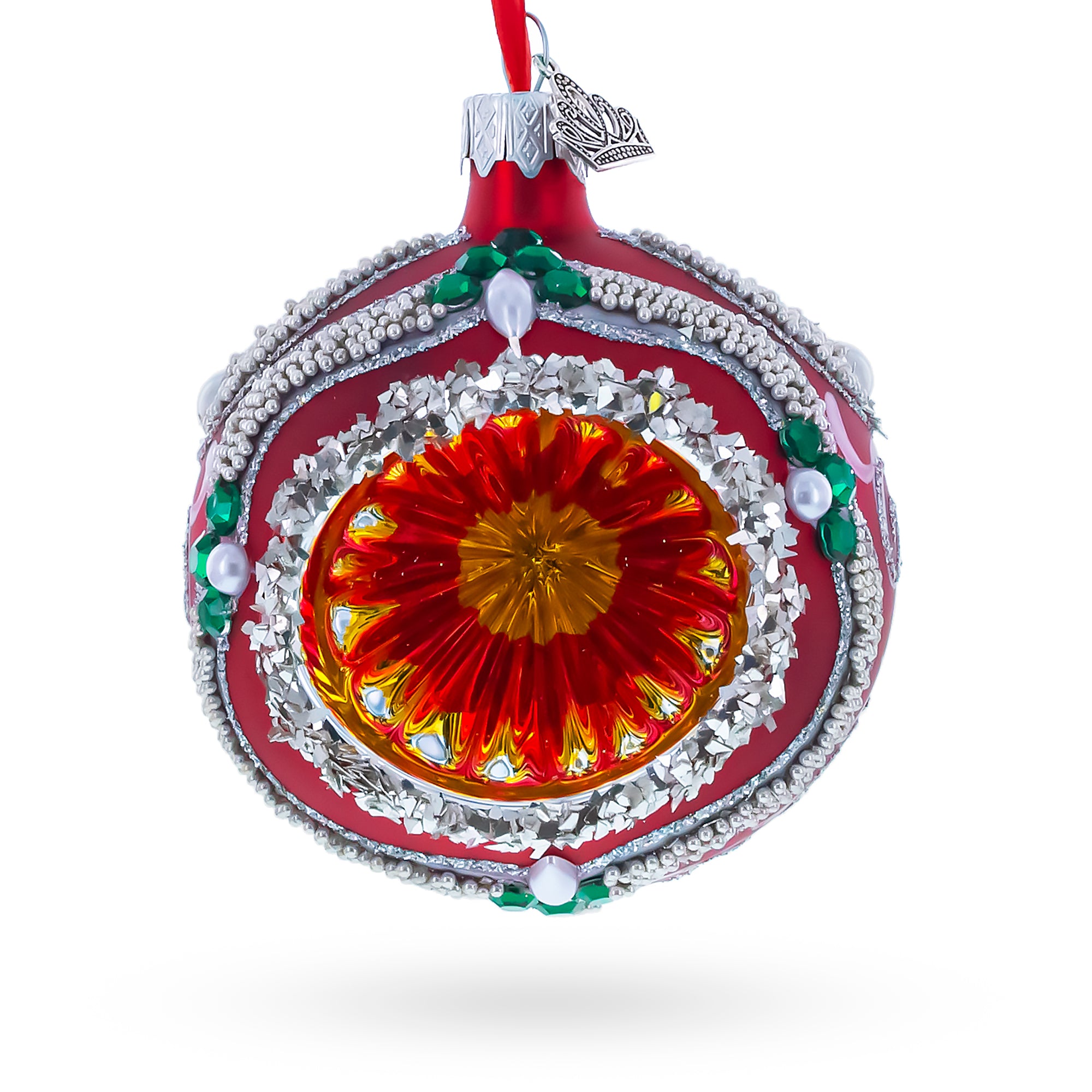 Retro Style Red and Gold Reflector with Glitter, Gems & Indent Center Glass Christmas Ornament in Red color Concave Reflector