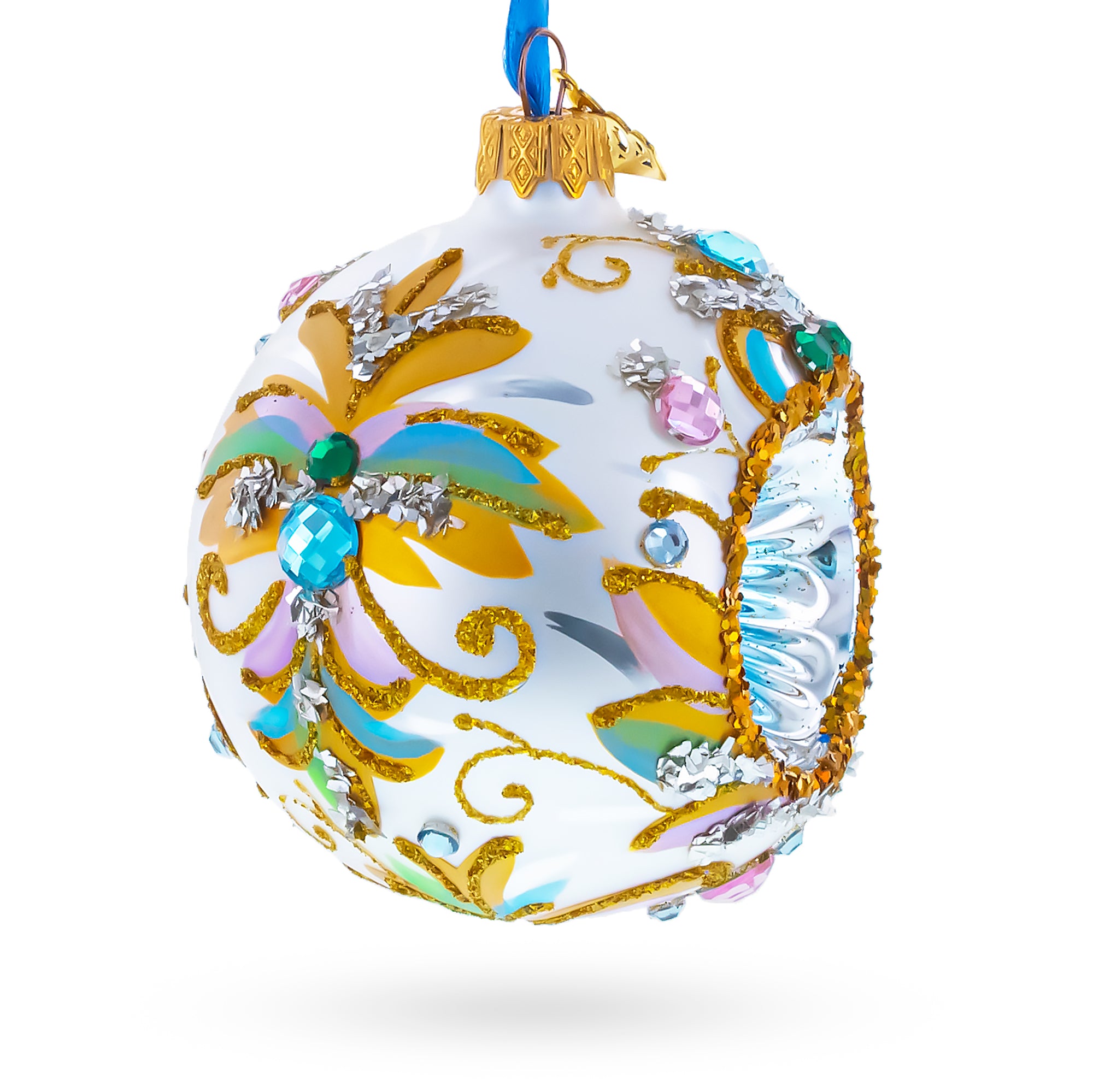 Retro Style White and Gold Reflector with Glitter, Gems & Indent Center Glass Christmas OrnamentUkraine , dimensions in inches: 3.9 x 3.3 x 2.9