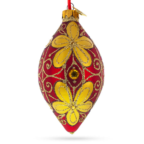 Golden Flowers on Glass Rhombus Christmas Ornament in Red color, Rhombus shape
