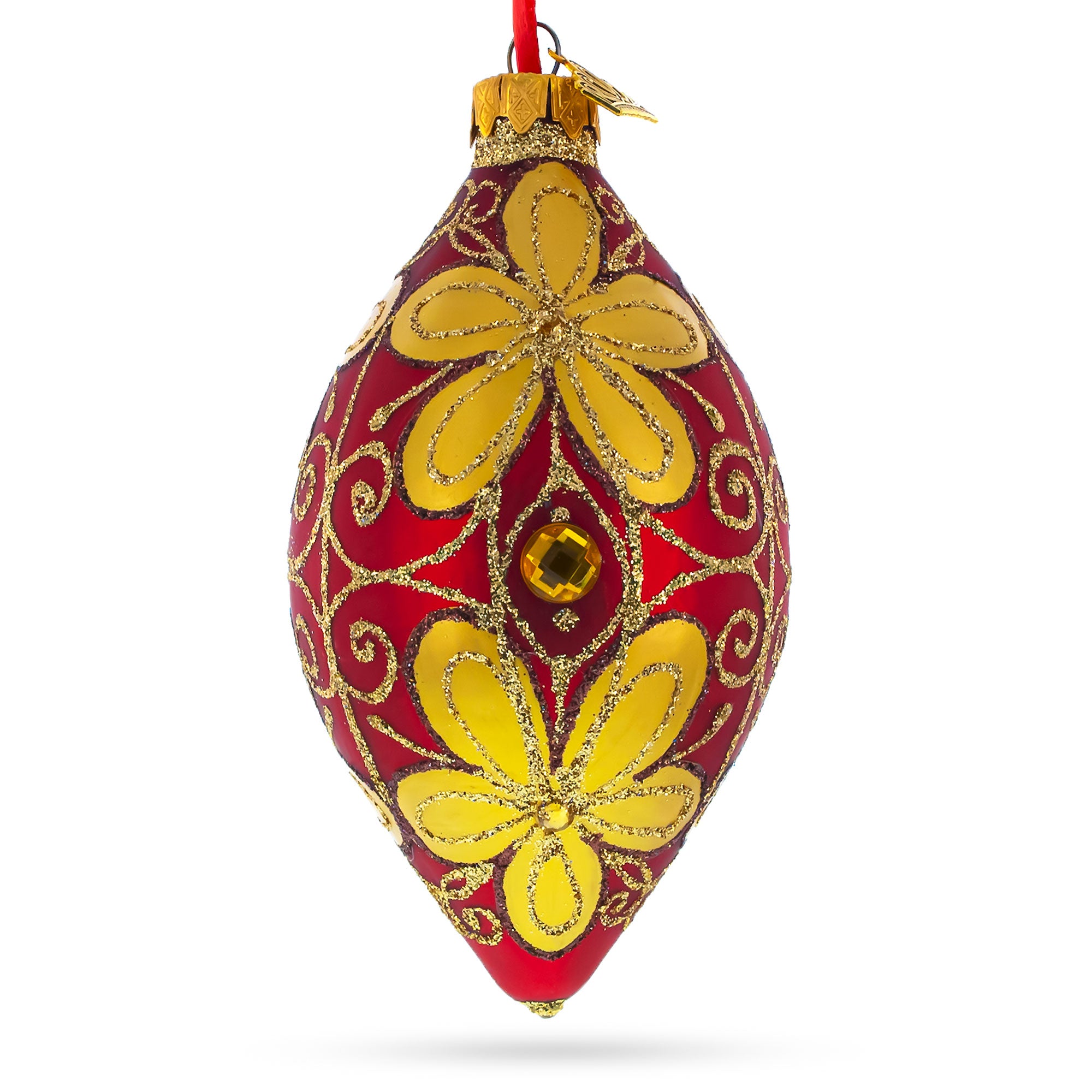 Golden Flowers Pointed Teardrop Finial Glass Christmas Ornament in Red color Finial