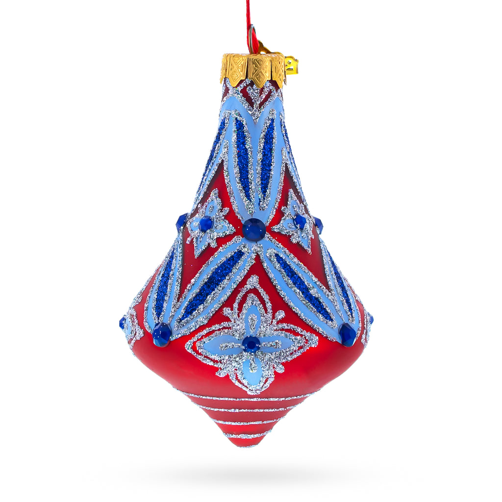 Blue Geometrical Bell Finial Glass Christmas Ornament in Blue color Finial
