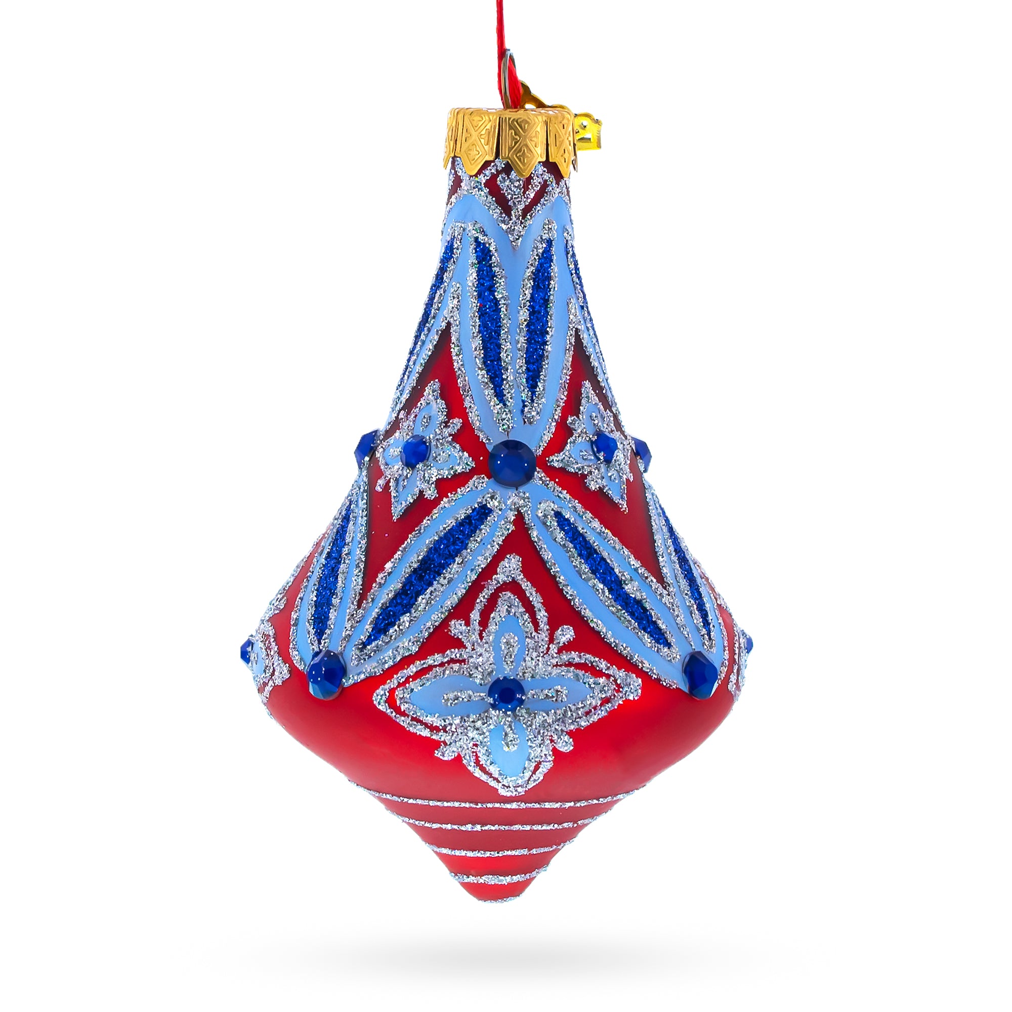 Blue Geometrical Bell Finial Glass Christmas Ornament in Blue color Finial