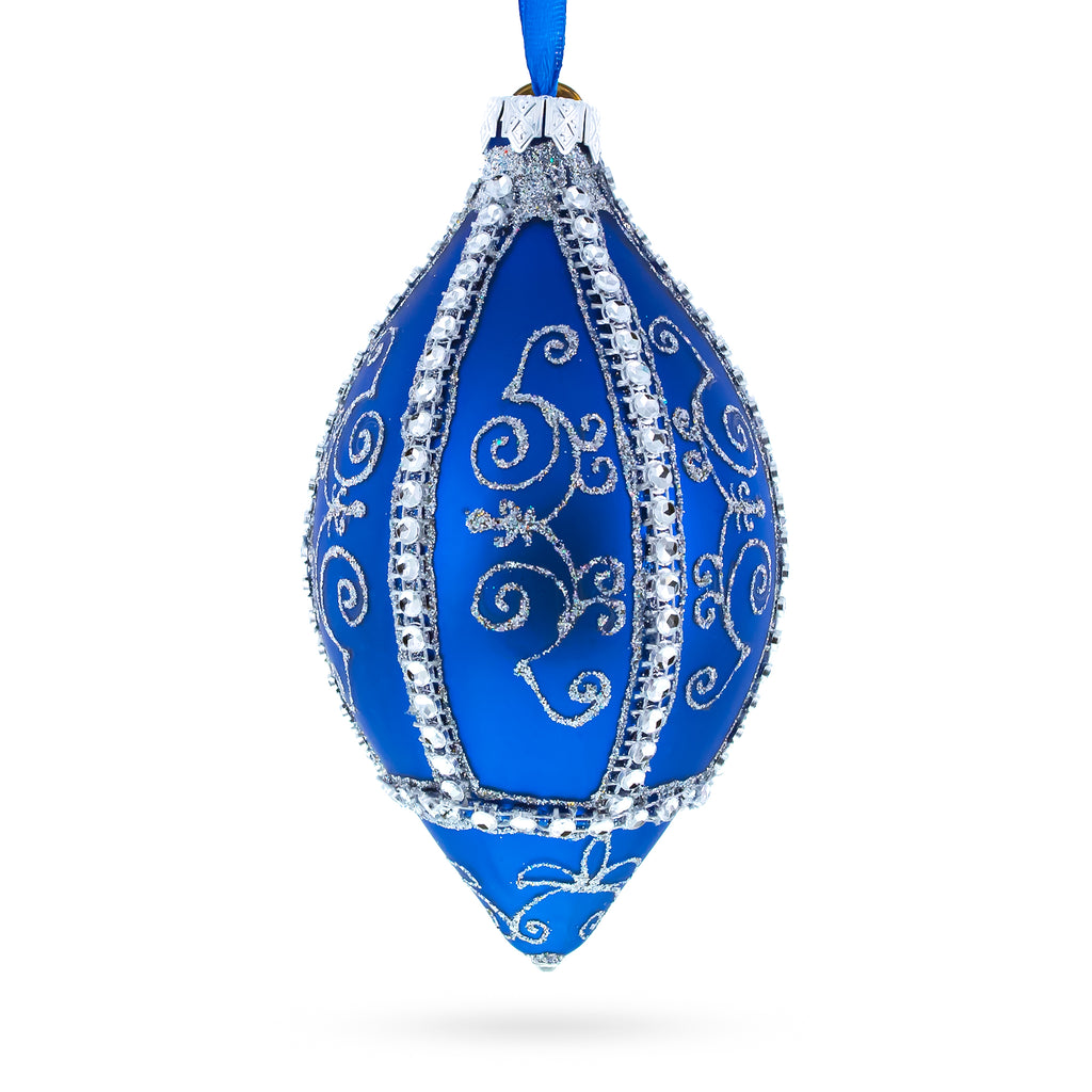 Jeweled Pattern on Blue Pointed Teardrop Finial Glass Christmas Ornament in Blue color Finial
