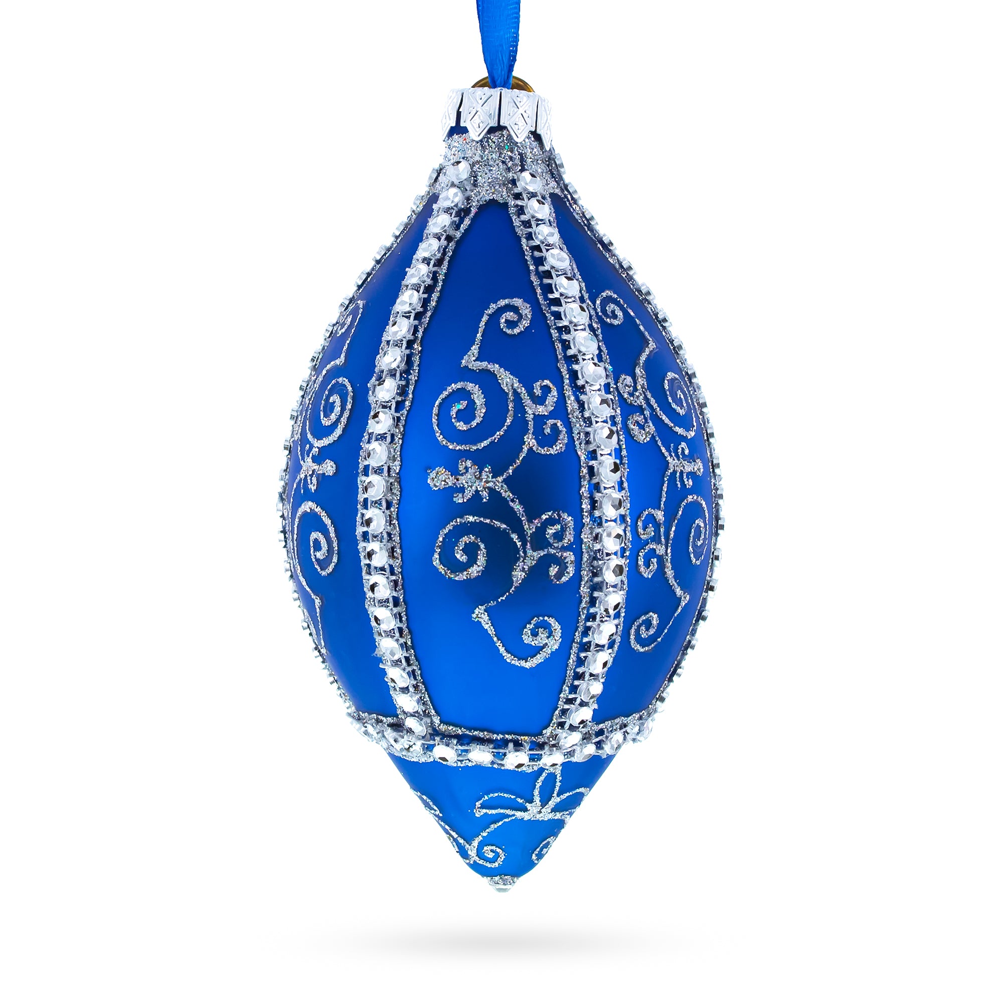 Jeweled Pattern on Blue Pointed Teardrop Finial Glass Christmas Ornament in Blue color Finial