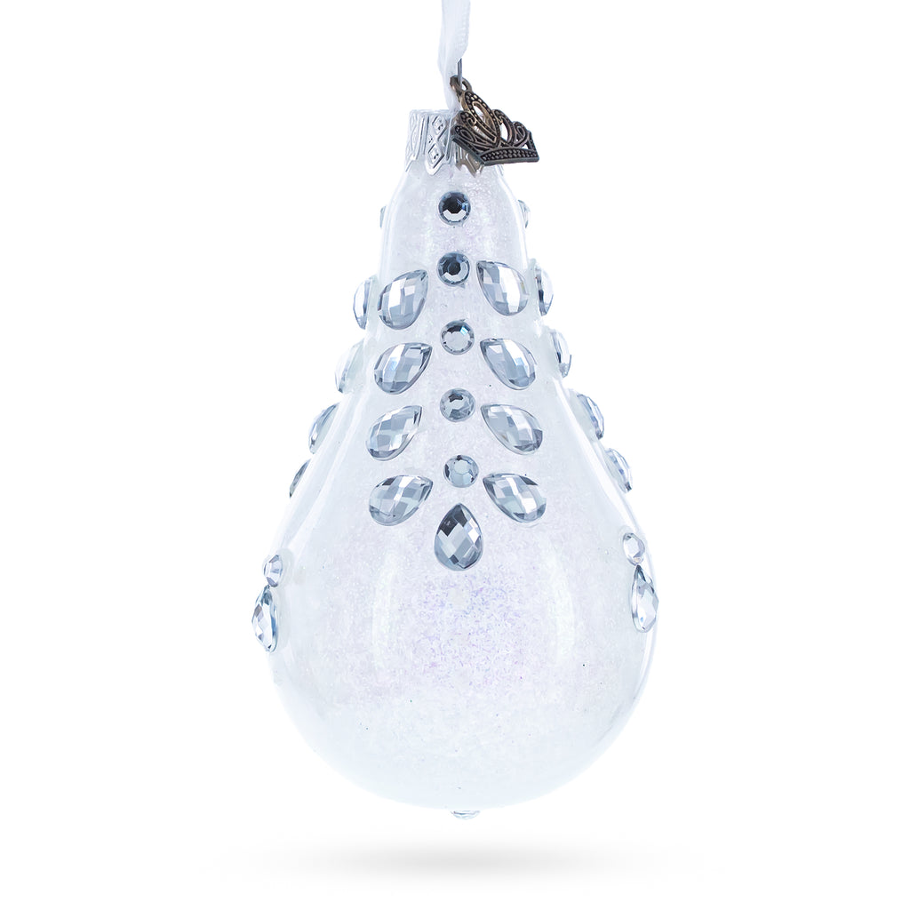 Diamonds on Clear Waterdrop Finial Glass Christmas Ornament in White color Finial
