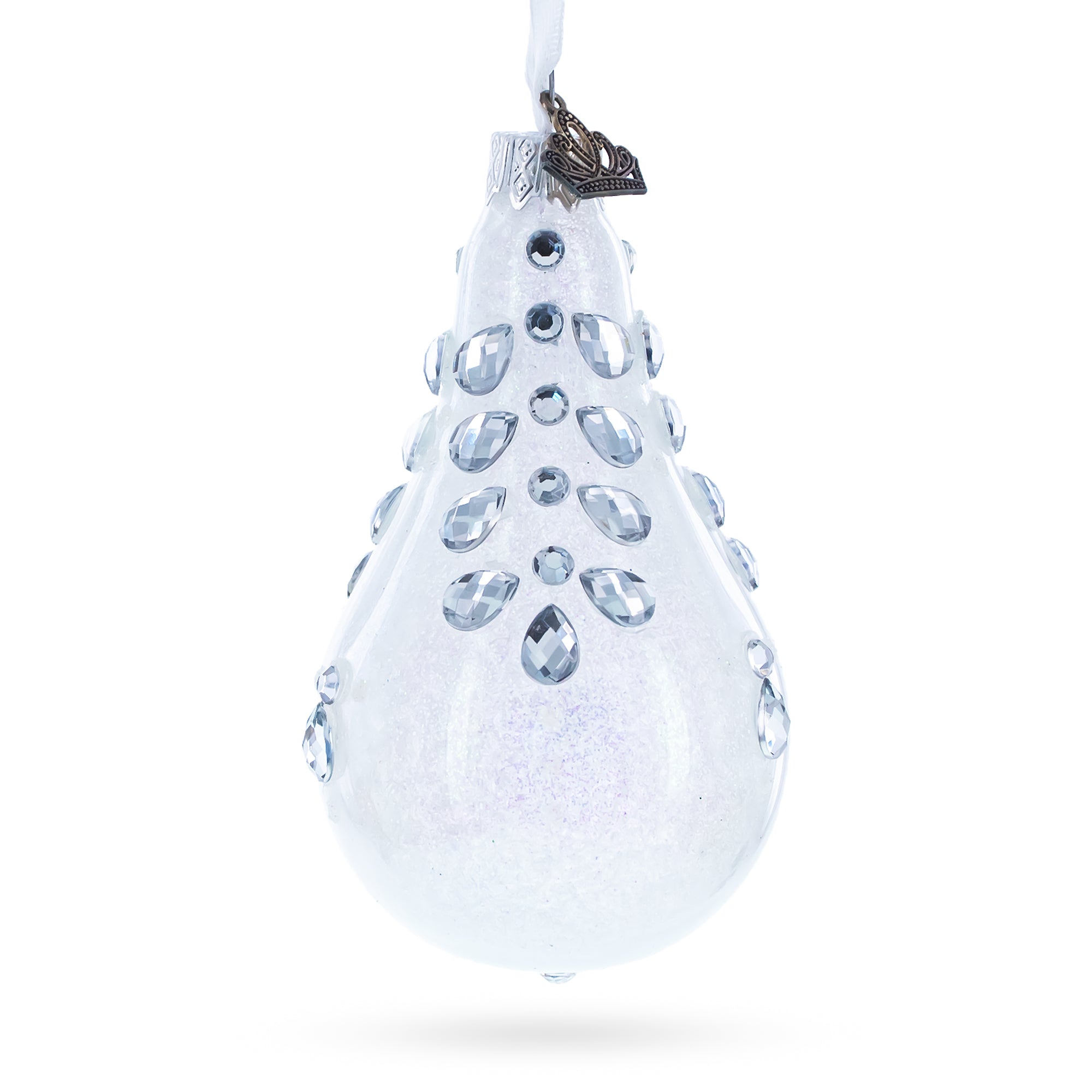 Diamonds on Clear Waterdrop Finial Glass Christmas Ornament in White color Finial