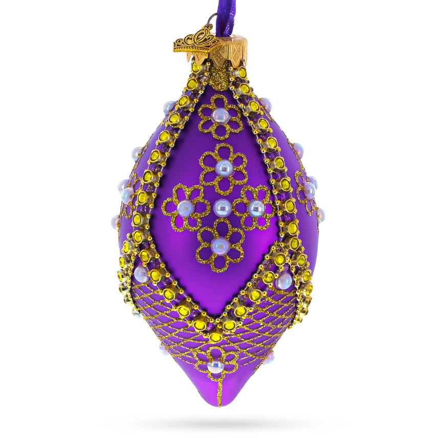 Golden Pearl Flowers on Purple Pointed Teardrop Finial Glass Ornament in Purple color Finial