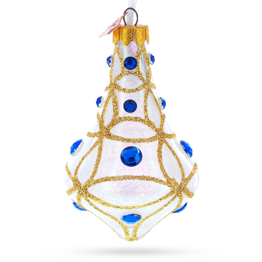 Blue Jewels on Clear Glass Bell Finial Christmas Ornament in White color Finial