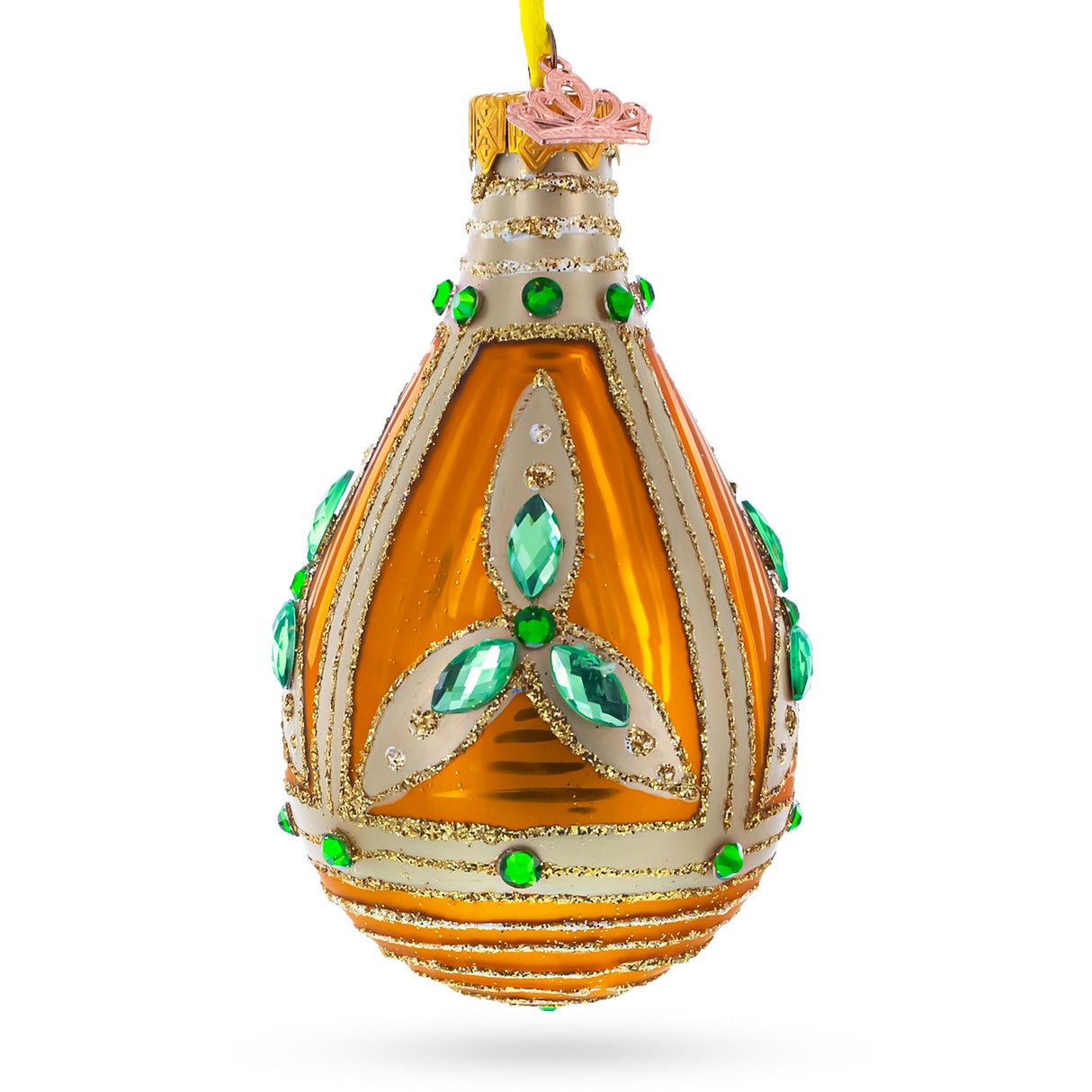 Glass Turquoise Jewels on Striped Gold Glass Waterdrop Finial Christmas Ornament in Orange color