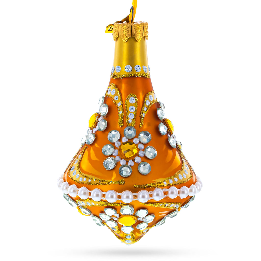 Diamond Jewels on Striped Gold Glass Bell Shape Finial Christmas Ornament in Orange color Finial